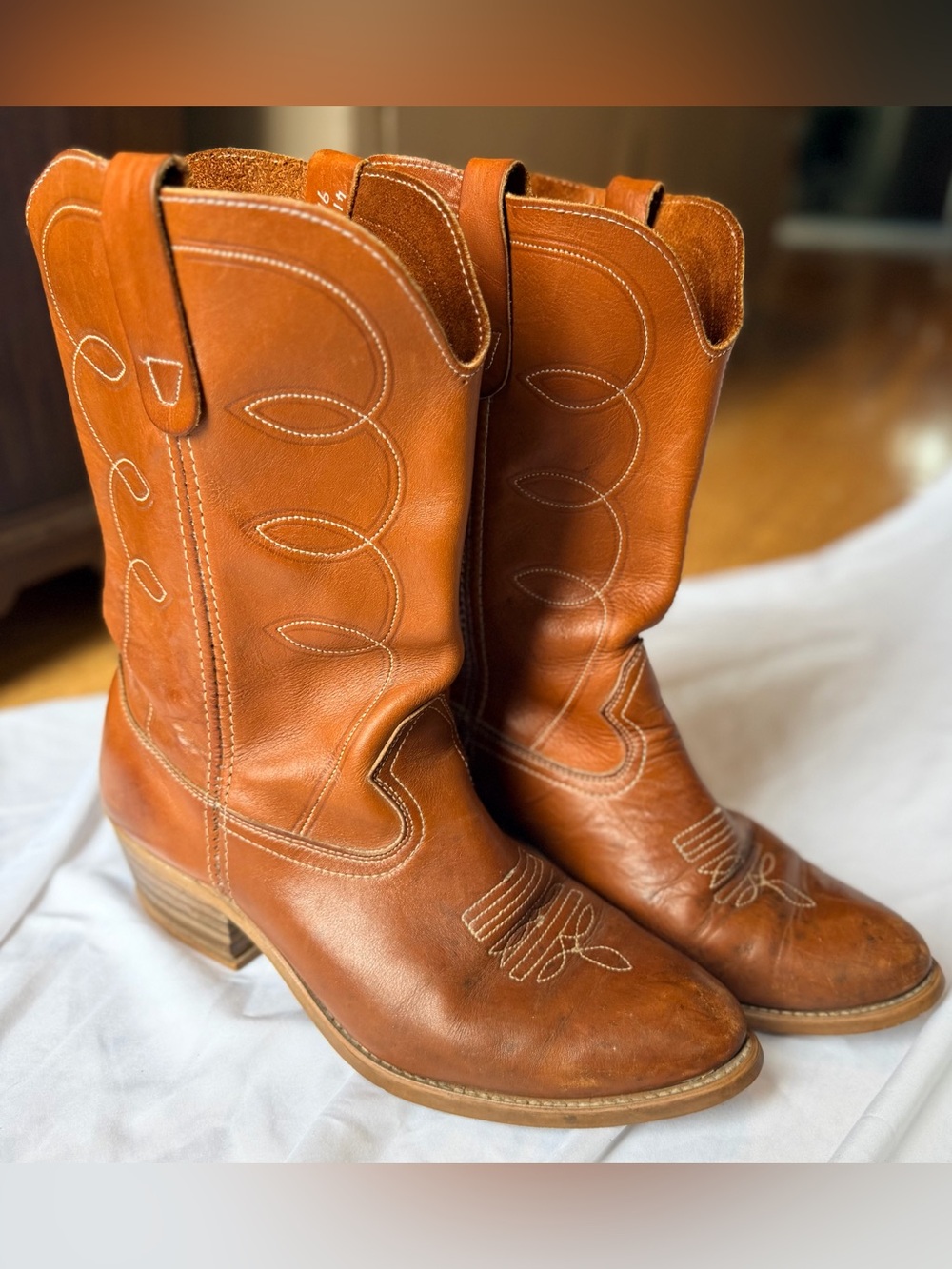Tony Lama USA Cognac Leather Western Cowboy Boots Leather Lined
